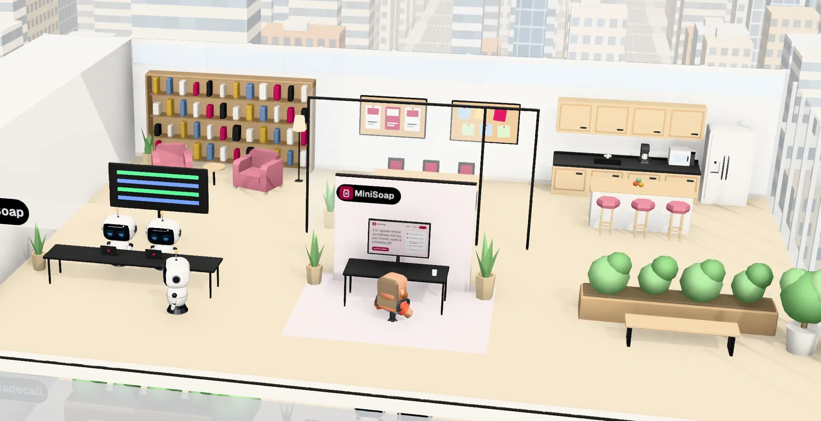 MiniSoap’s office on floor 21 of Tower 1: the owner’s desk with the website on screen, the agents’ bench, a meeting room and a library